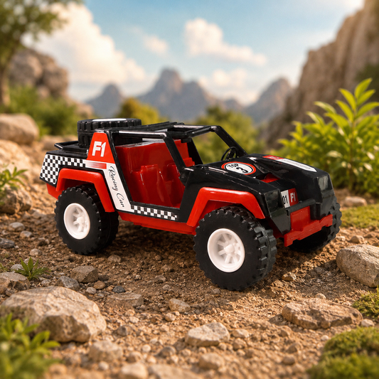 A red and black toy racing jeep with white wheels sits on a dirt path in a mountainous outdoor setting.