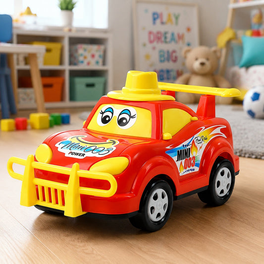 Orange and yellow cartoon racing car toy with big eyes in a child's room.