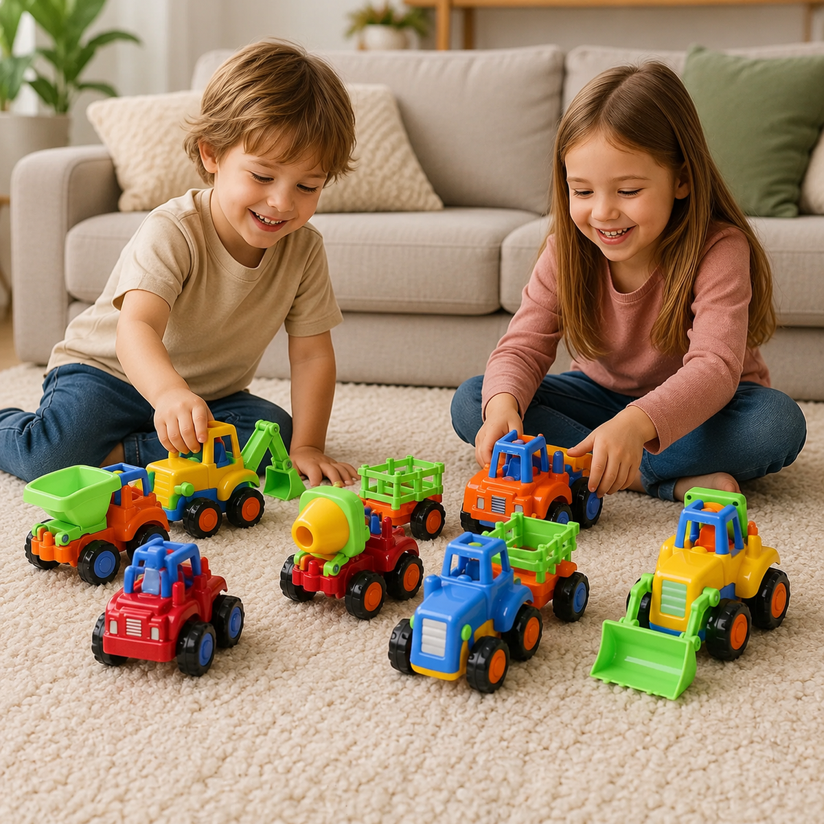 Two smiling children playing on a rug with a set of colorful plastic construction vehicle toys.