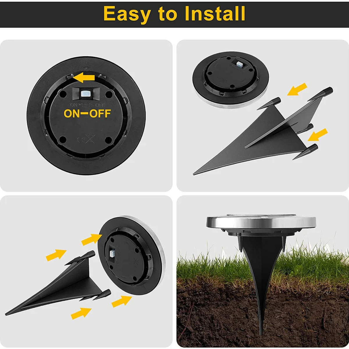 Four images demonstrating the easy installation of a solar ground light, showing its components and how it is placed in the