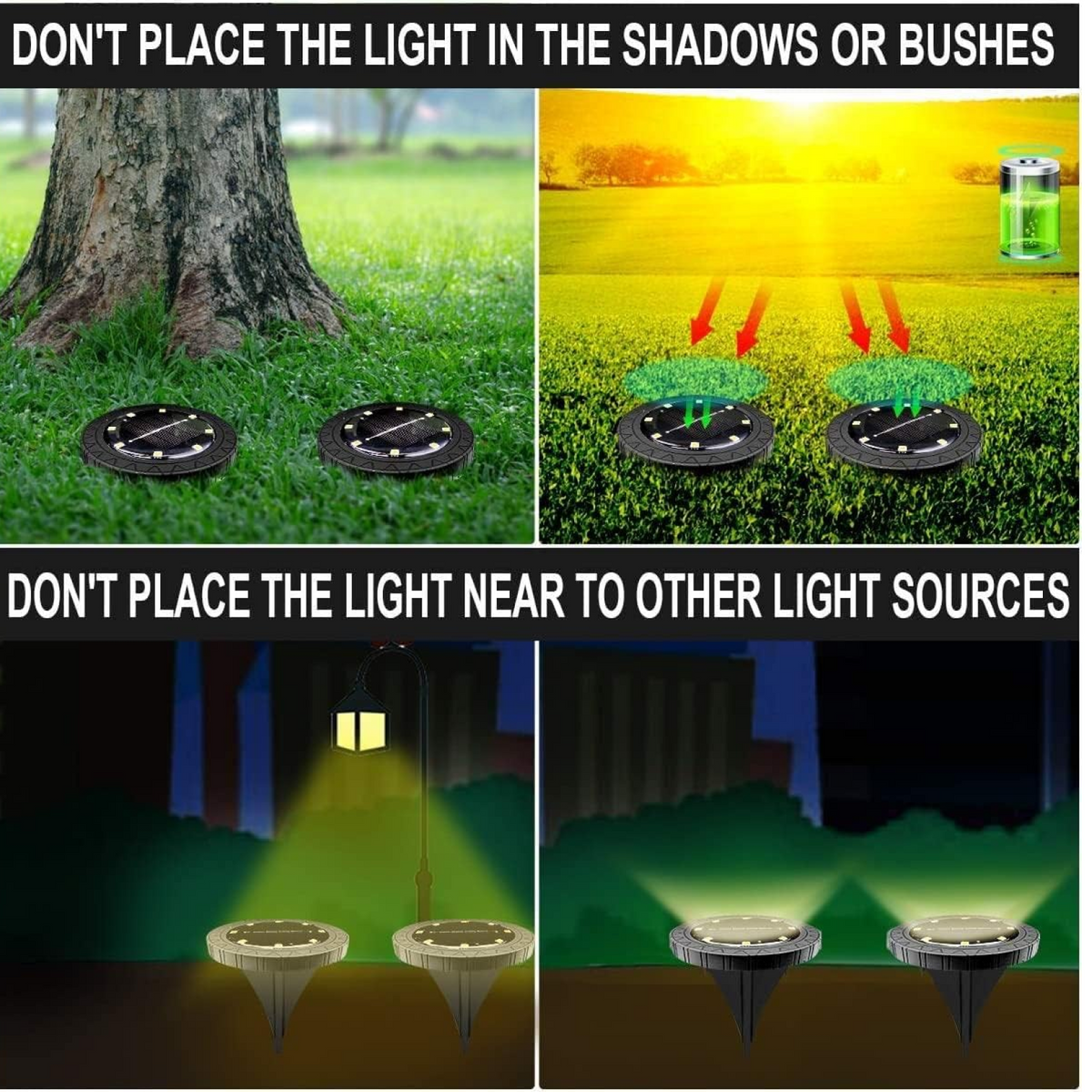 Four illustrative panels advising on optimal placement for solar ground lights, avoiding shadows and other light sources.