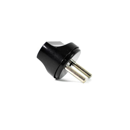 A black two-pin power converter plug is shown on a white background.