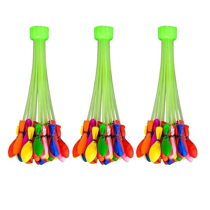 Three bunches of colorful self-tying water balloons with green nozzles arranged on a white background.