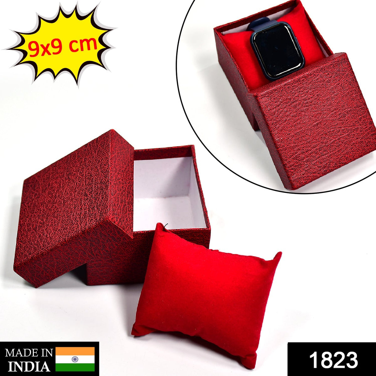 An open red textured gift box with a red velvet pillow, with a small inset showing a watch in the box and a 9x9 cm label.