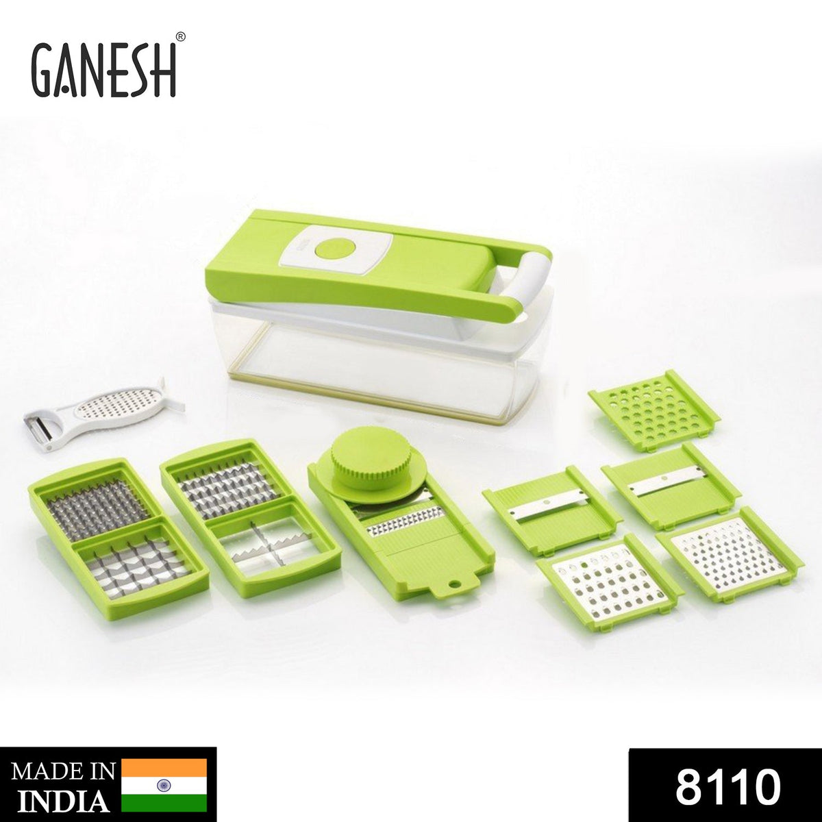 A green and white vegetable dicer with multiple interchangeable blades and a peeler is displayed on a white background.