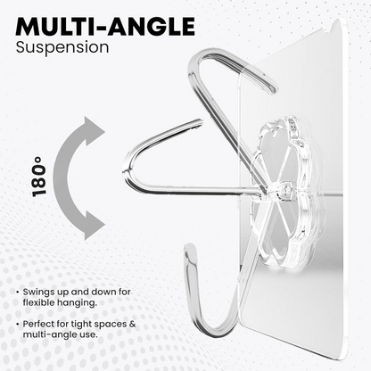 A transparent adhesive hook with a silver stainless steel hook demonstrates 180-degree multi-angle suspension, swinging up
