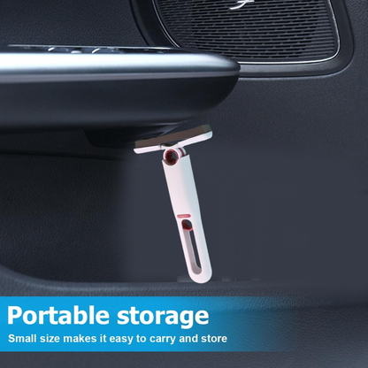 The compact white and red silicone squeegee is stored in a car door pocket, highlighting its portability.