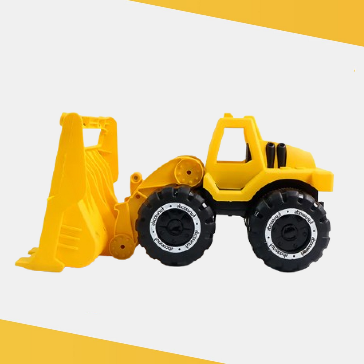 A side view of the yellow plastic toy front-end loader with black wheels on a plain light background.