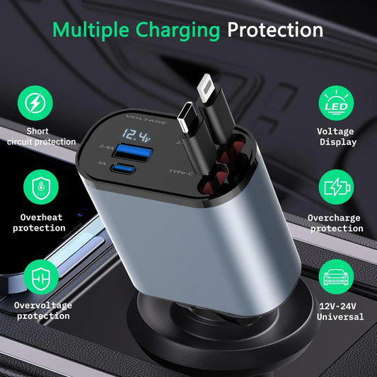 4 in 1 Super Fast  120W  Car Phone Charger | 180° Adjustable Type C & iPhone Car Adapter |Retractable Cable and 2 USB Ports
