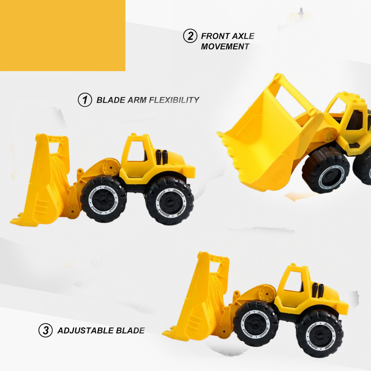 Three views of the yellow toy front-end loader demonstrating blade arm flexibility, front axle movement, and adjustable