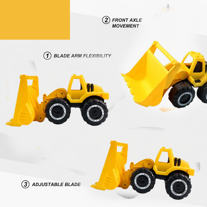 Three views of the yellow toy front-end loader demonstrating blade arm flexibility, front axle movement, and adjustable