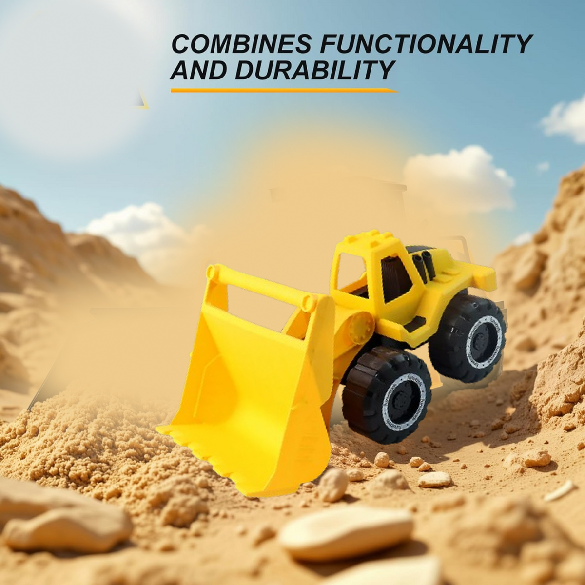 A yellow toy front-end loader in a sandy landscape with a blue sky, highlighting its functionality and durability.