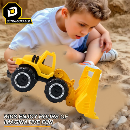 A young boy plays with the yellow toy front-end loader in a sandbox, with an 'ultra-durable' badge in the corner.