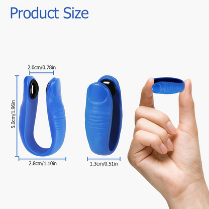Three views of the blue acupressure hand clip, showing its dimensions and how it fits on a hand.