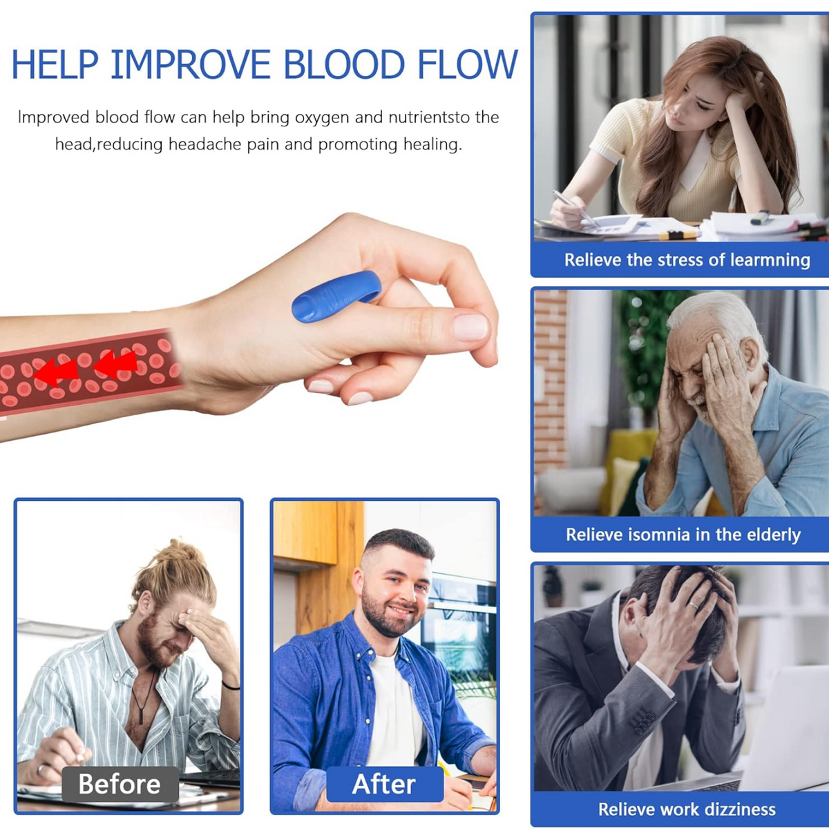 An infographic shows a blue acupressure clip on a hand, with images depicting relief from various ailments.