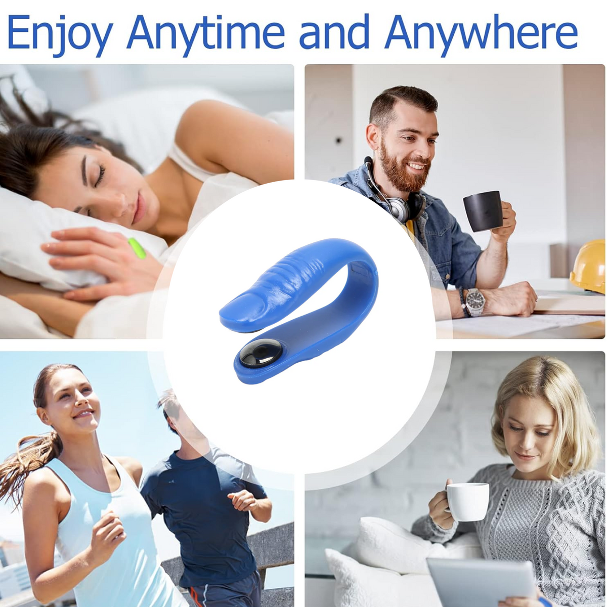 A blue acupressure hand clip is centered among four lifestyle images, showing people using it in different settings.