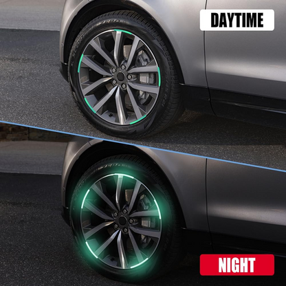 A split image showing a car wheel with green reflective stickers in daylight and glowing at night