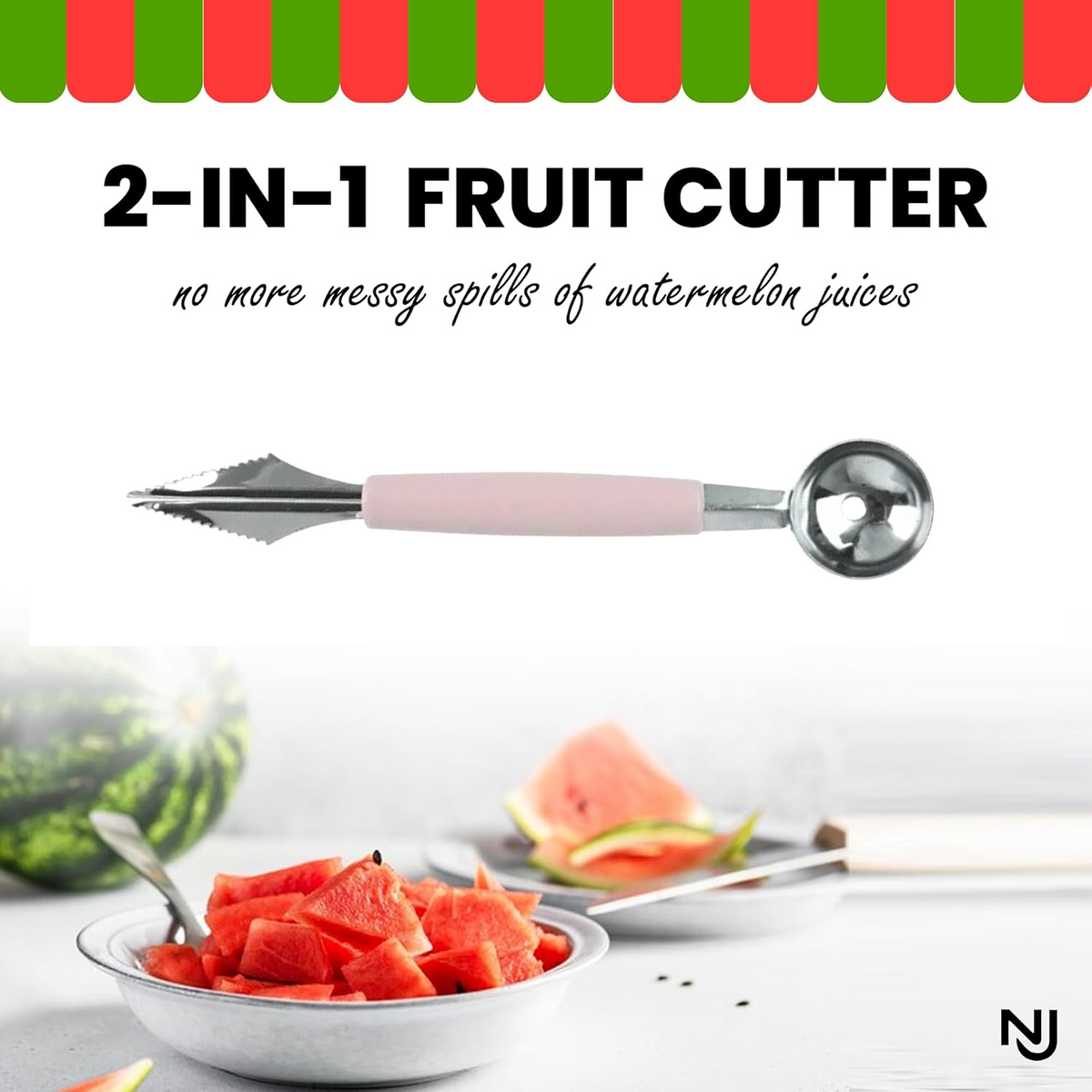 A pink-handled 2-in-1 fruit cutter is centered above a bowl of cubed watermelon and a whole watermelon.