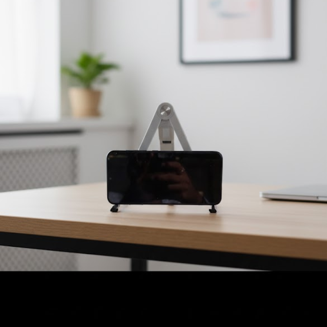 A gray foldable stand holds a black smartphone horizontally on a wooden desk in a bright room.