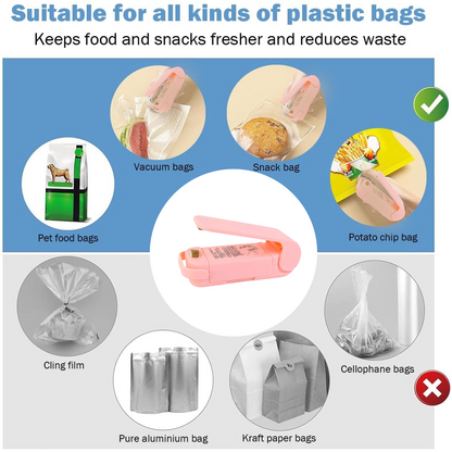 A pink plastic bag sealer is centrally featured, surrounded by images of various bags it can seal, like vacuum and snack