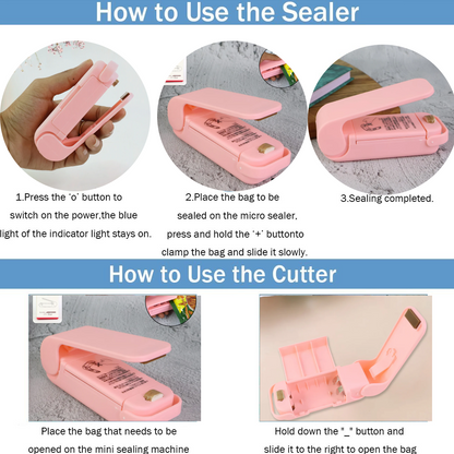 Instructions for using the pink plastic bag sealer are shown in six panels, detailing sealing and cutting functions.