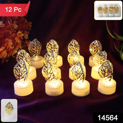 Twelve golden leaf LED candles arranged on a dark purple fabric, with a product label and packaging visible.