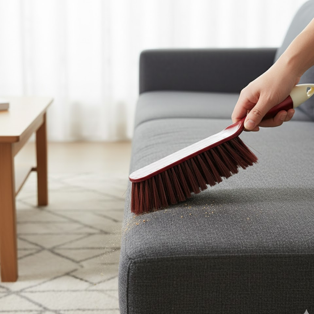 A hand uses a red and white handled brush with brown bristles to clean crumbs off a gray sofa.