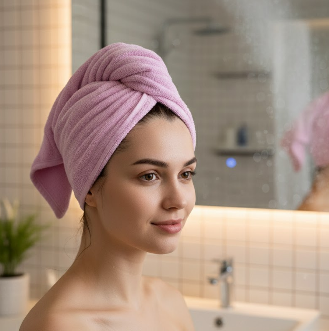 A light purple microfiber hair towel wrap, laid flat and isolated on a white background.