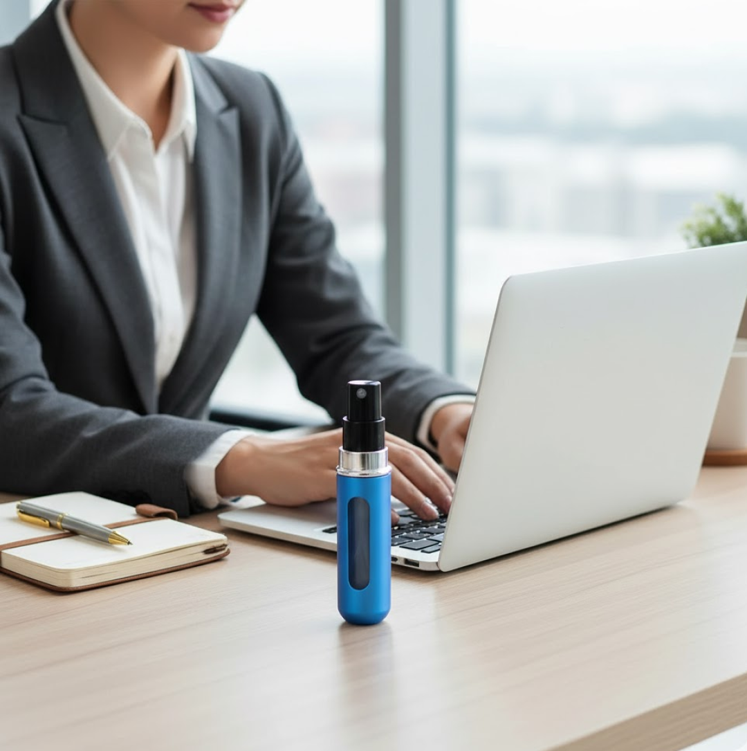 A blue refillable perfume bottle sits on a light wooden desk next to a laptop and notebook, with a person working in the