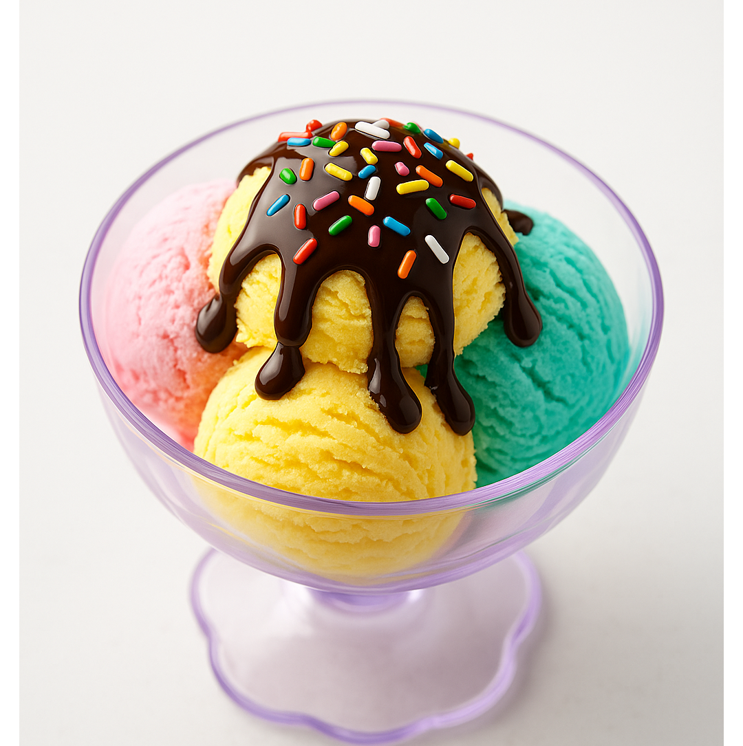 A purple plastic bowl filled with three scoops of colorful ice cream, chocolate syrup, and sprinkles.