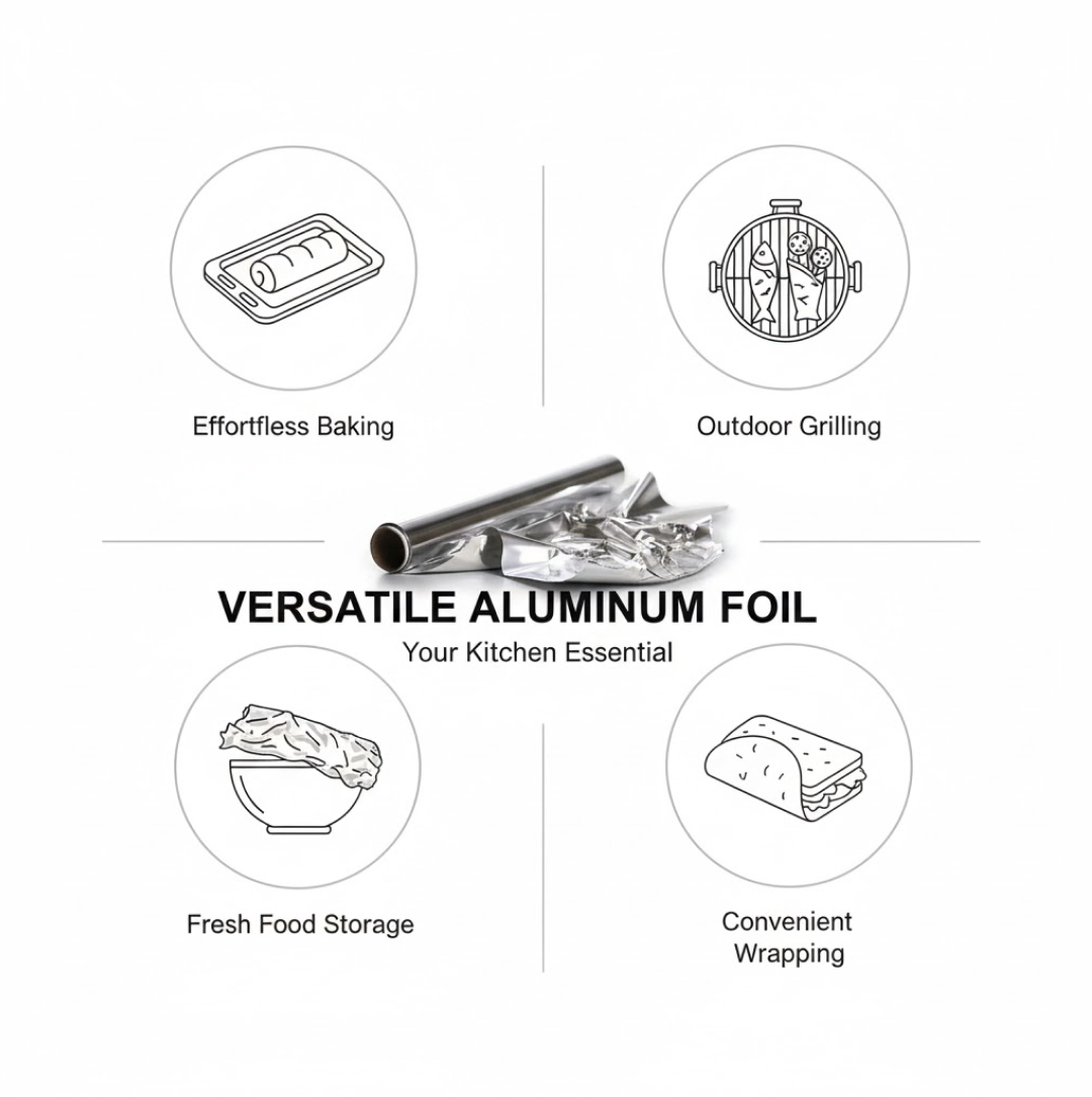 Infographic showing four uses for versatile aluminum foil: baking, grilling, food storage, and wrapping.