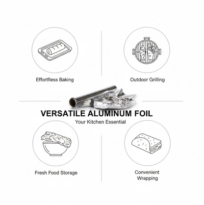 Infographic showing four uses for versatile aluminum foil: baking, grilling, food storage, and wrapping.