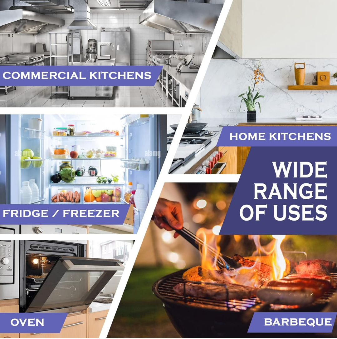 Collage of five images showing aluminum foil uses: commercial kitchen, home kitchen, fridge, oven, and barbecue.