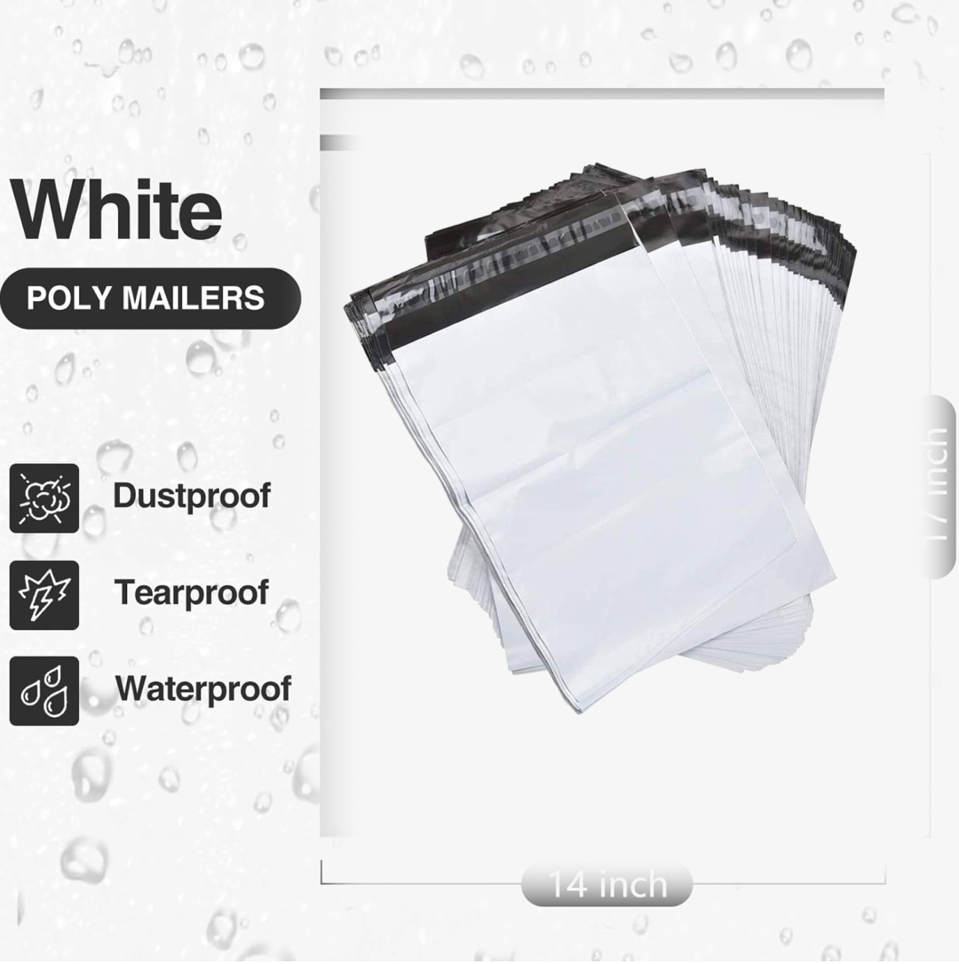 A stack of white poly mailer bags with black seals, with text indicating they are dustproof, tearproof, and waterproof.
