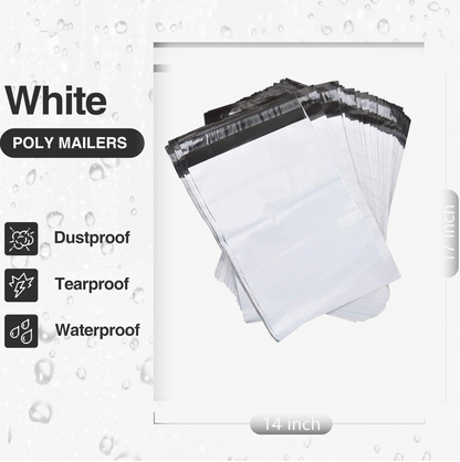 A stack of white poly mailer bags with black seals, with text indicating they are dustproof, tearproof, and waterproof.