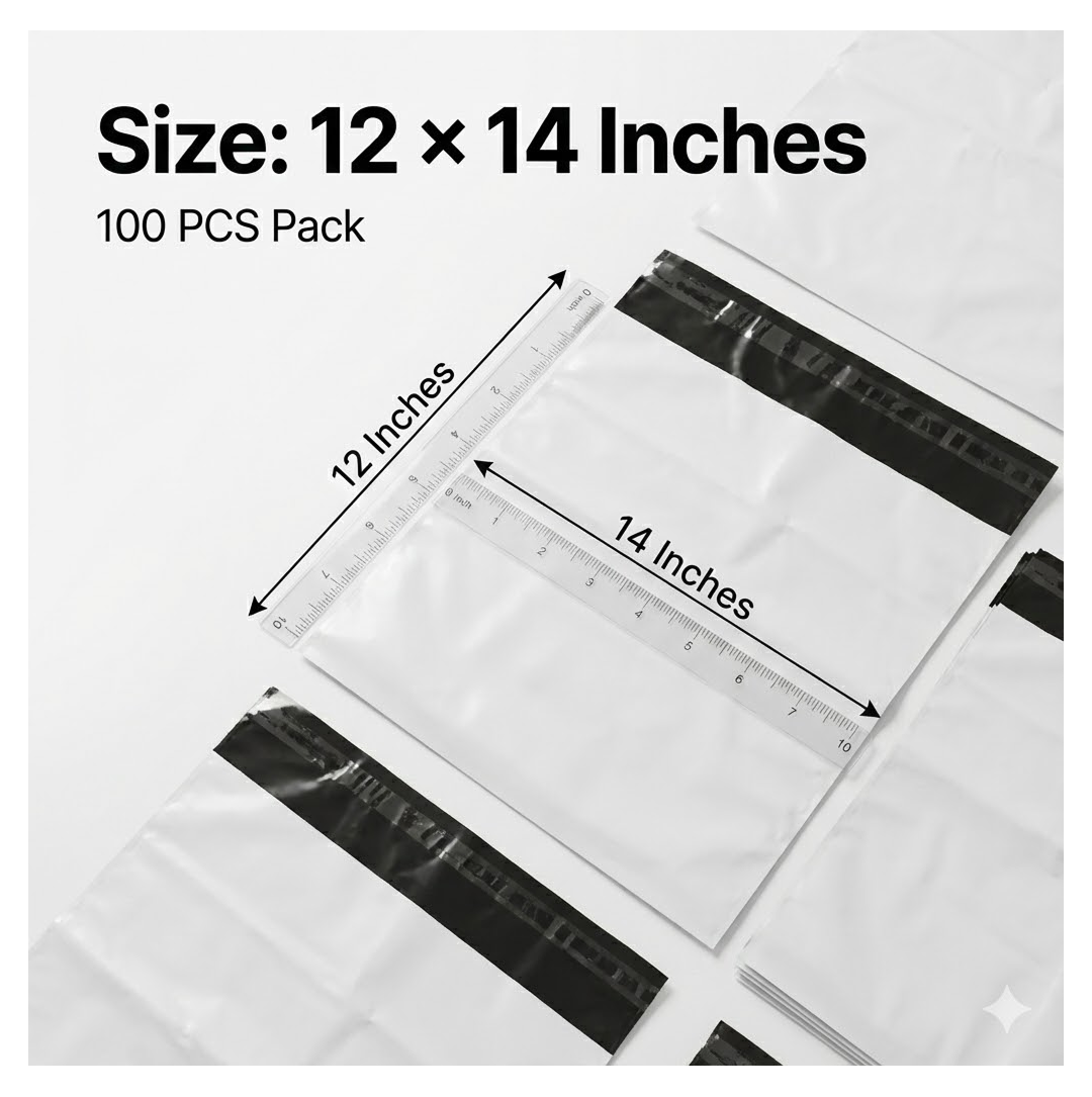 Several white poly mailer bags with black seals, with rulers indicating dimensions of 12 and 14 inches.