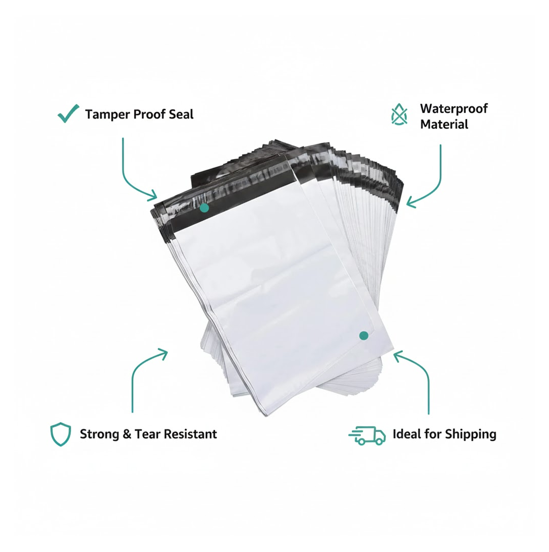 A fanned-out stack of white poly mailer bags with black seals, surrounded by icons indicating tamper-proof, waterproof,