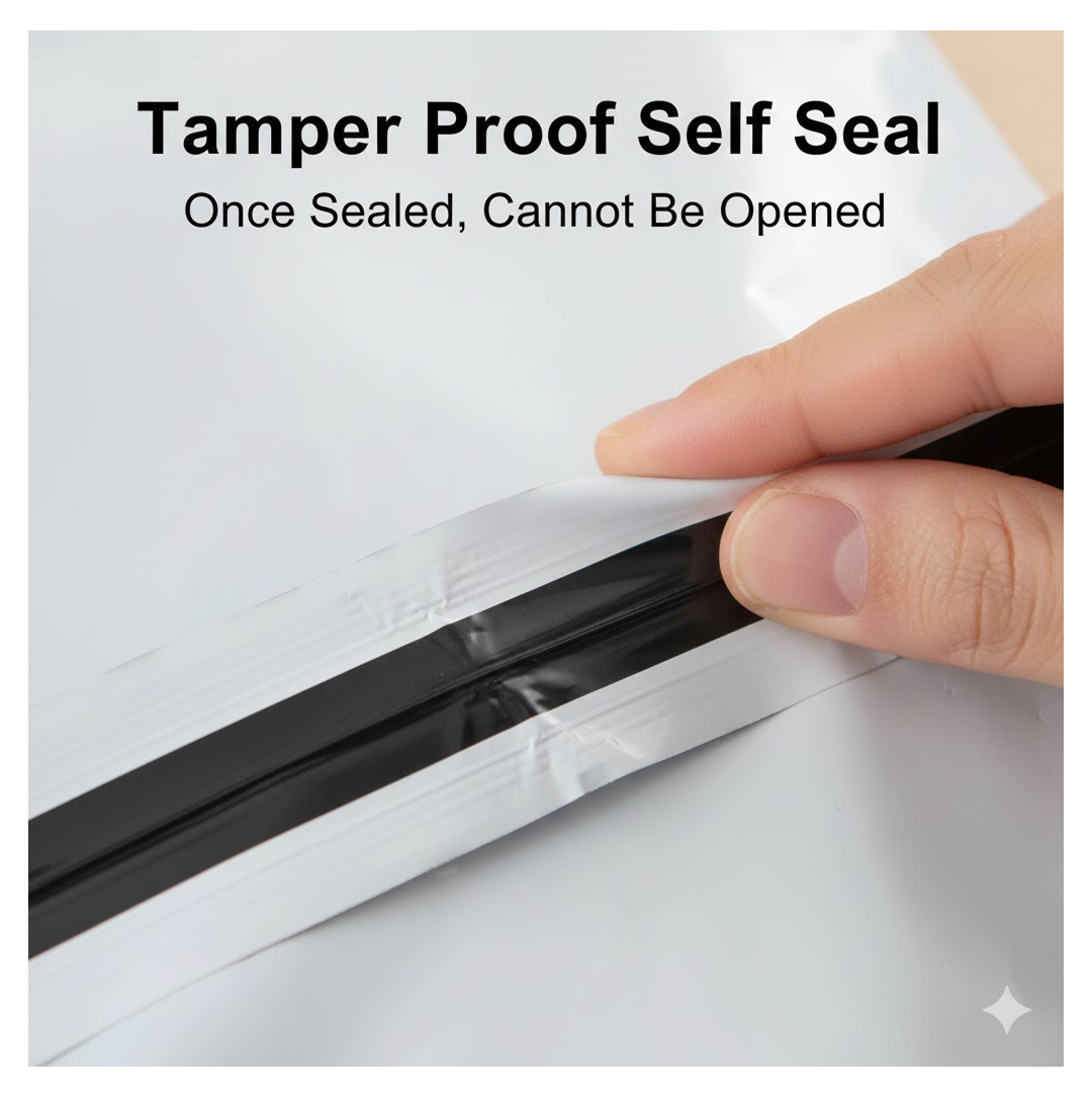 A hand pressing down on the black adhesive seal of a white poly mailer bag, with text about tamper-proof self-seal.