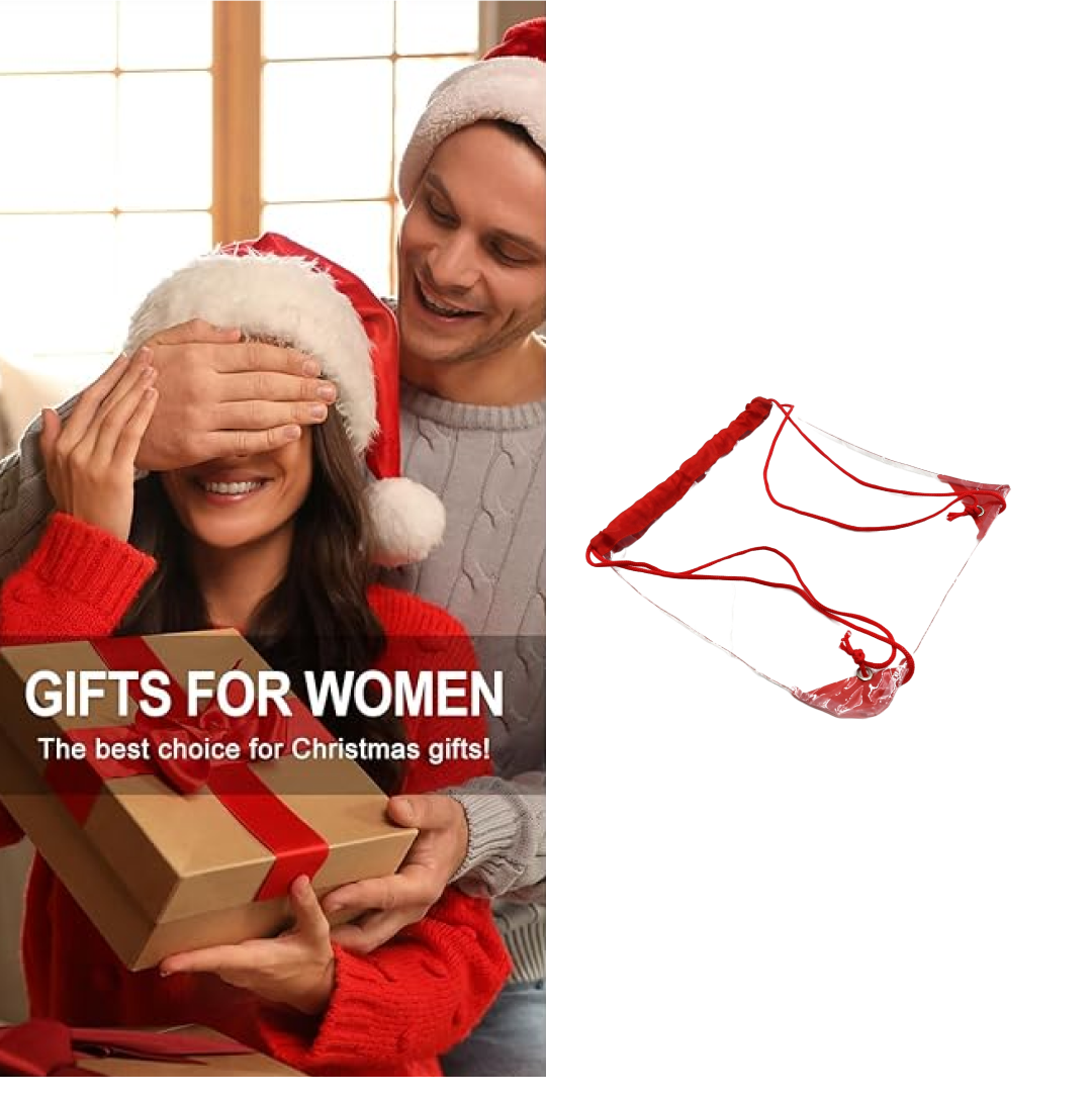 Clear drawstring bag with red cords and accents, shown next to a couple exchanging Christmas gifts.