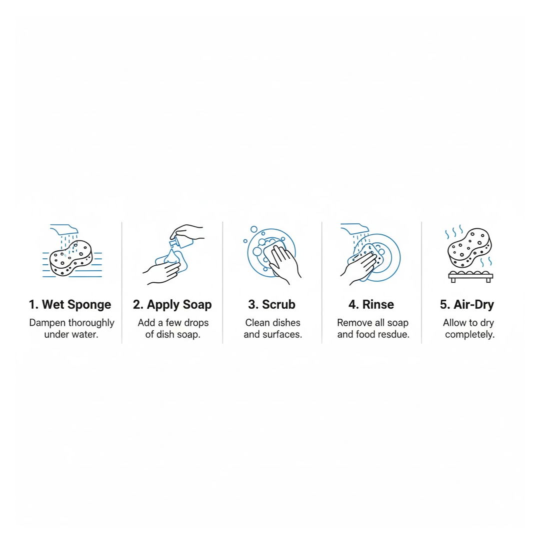 A five-step illustrated guide shows how to use and care for the sponge, from wetting to air-drying.
