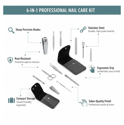 A diagram showcasing the features of a 6-in-1 professional nail care kit with tools and cases.
