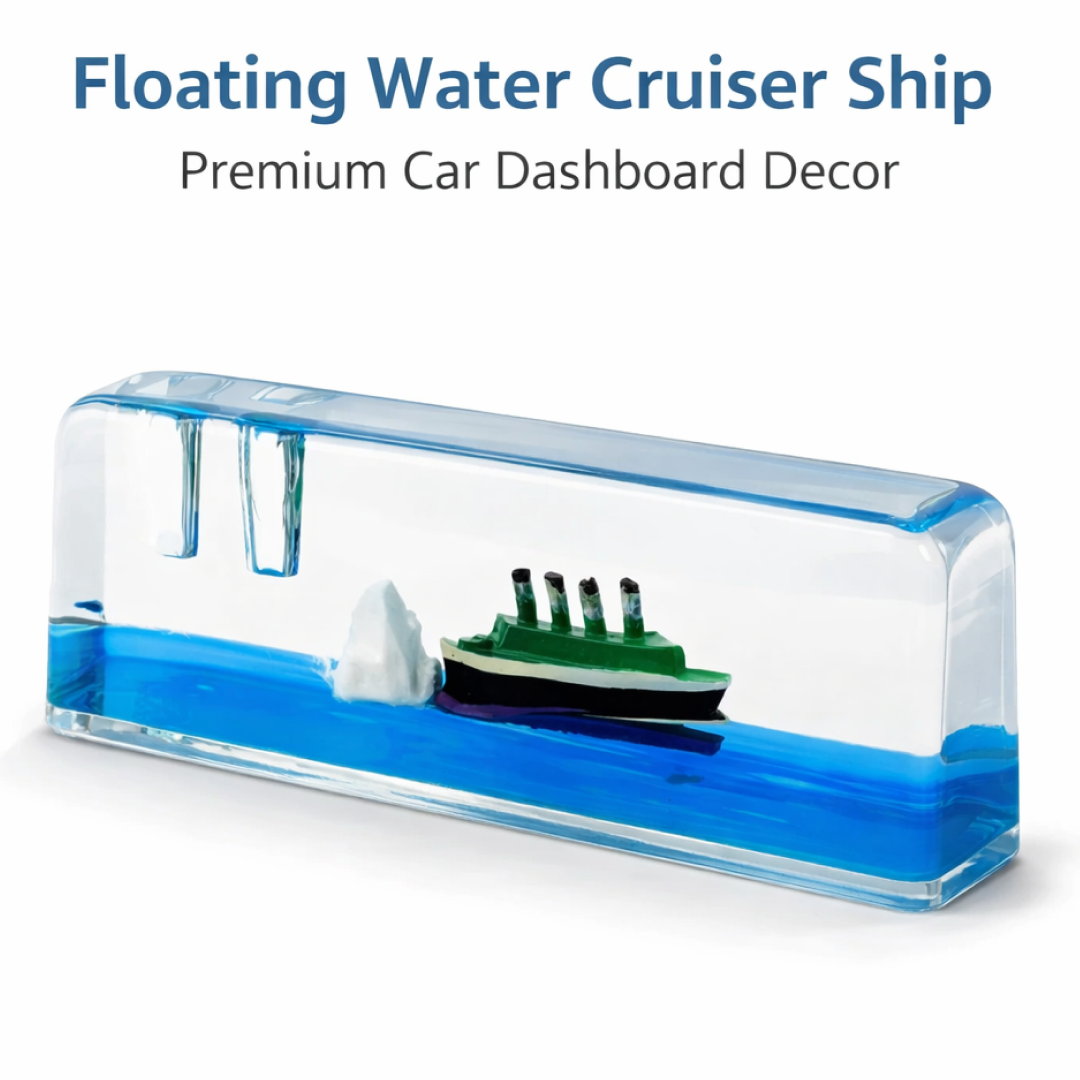 A clear rectangular liquid motion paperweight with a green ship and iceberg floats in blue liquid on a white background.