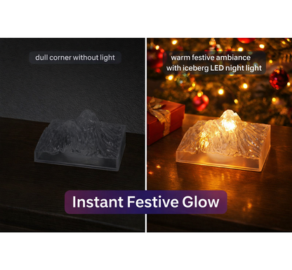 A split image shows the LED iceberg light off in a dark corner and glowing brightly next to a festive Christmas tree.
