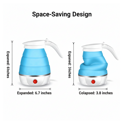 Two blue and white foldable electric kettles, one expanded to 6 inches and one collapsed to 3 inches, with dimensions.