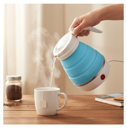 A hand pours hot water from a blue and white foldable electric kettle into a white mug with a tea bag on a wooden table.