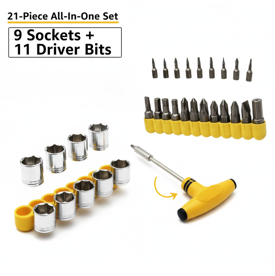 A 21-piece T-shape ratchet socket set with individual components separated, on a white background with text overlay.