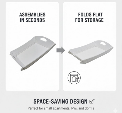 Two images show the white tray assembling and folding flat for storage, highlighting its space-saving design.