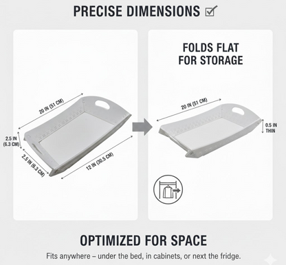 Two images illustrate the precise dimensions of the white tray when assembled and folded flat for storage.