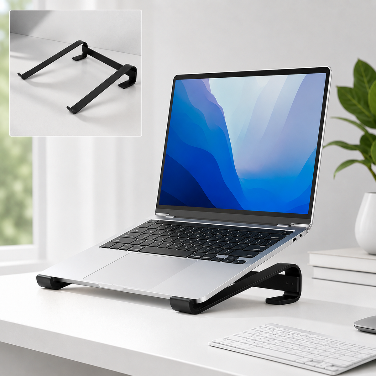 A silver laptop on a black metal stand on a white desk, with an inset of the stand itself.