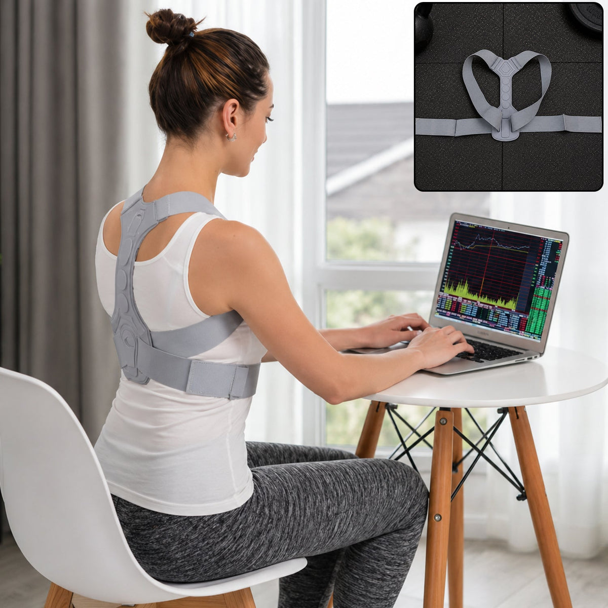 Woman with dark hair wearing a grey posture corrector while working on a laptop at a small white table.